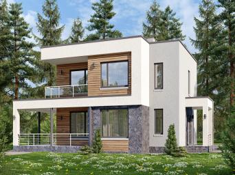 Двухэтажный дом с плоской кровлей, тремя спальнями и террасой